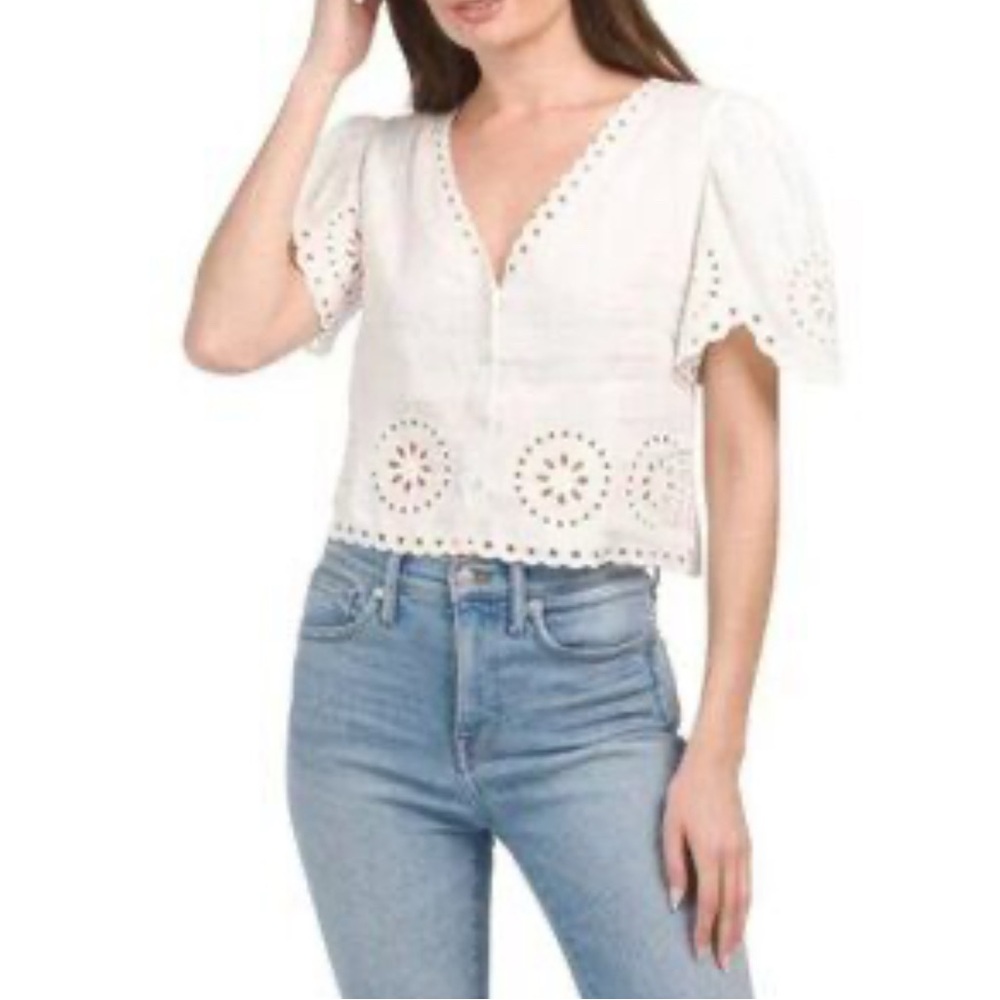 Elie tahari sky white linen short sleeve button up shirt NWT